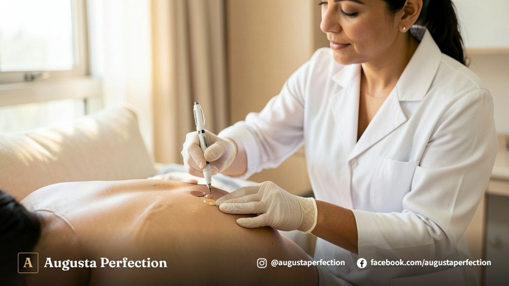 Profissional de estética avançada organizando pigmentos para avaliação de camuflagem de estrias em ambiente clínico.