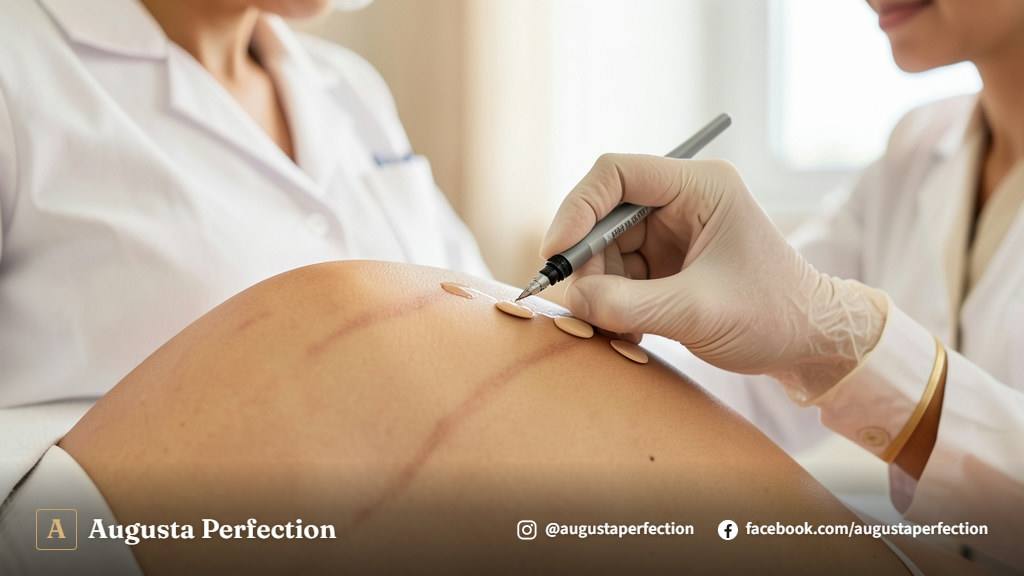 Ambiente de clínica de estética com produtos de cuidados pós-procedimento para a pele em cima de bandeja de mármore.