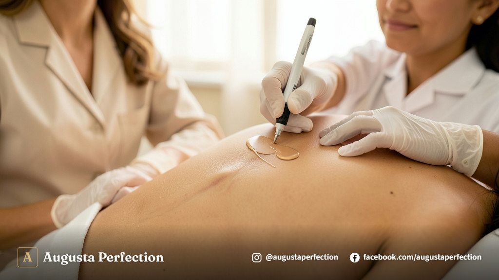 Especialista em estética preparando pigmentos para camuflagem de estrias em ambiente clínico moderno e acolhedor.