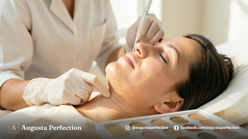 Especialista em estética preparando instrumentos para tratamento facial em ambiente clínico acolhedor.
