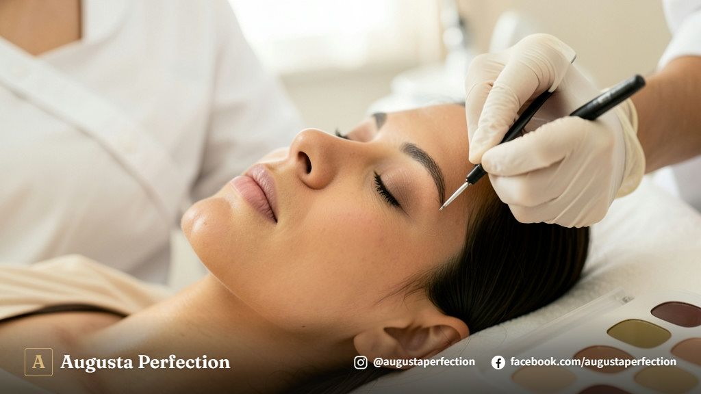 Especialista em estética preparando instrumentos de precisão para procedimento de camuflagem de olheiras em clínica.
