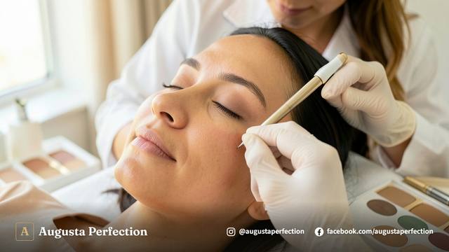 Mãos de especialista com luvas segurando dermógrafo em ambiente de clínica estético sofisticado.