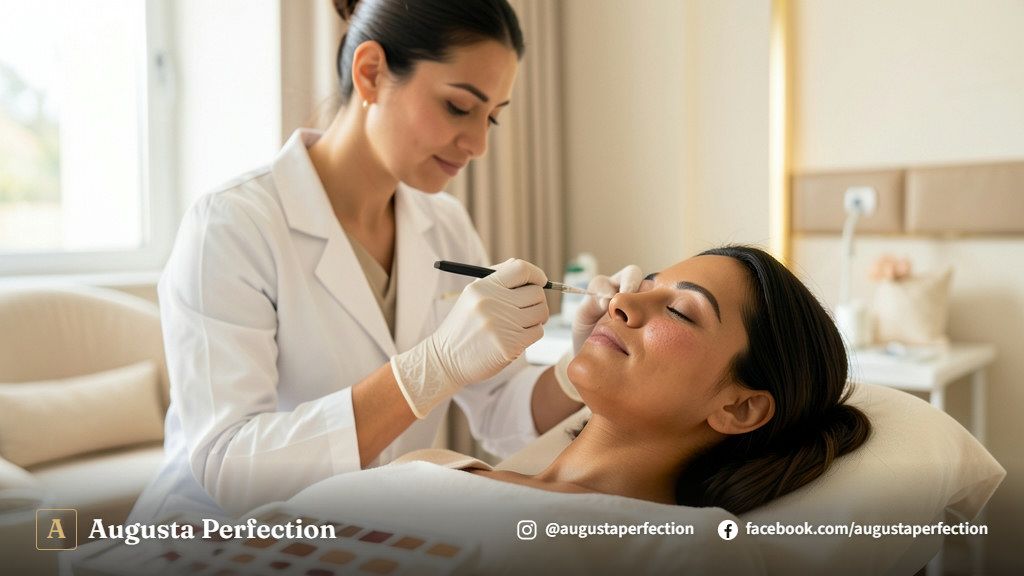 Equipamento profissional e pigmentos biocompatíveis para camuflagem de olheiras em ambiente de clínica estética.