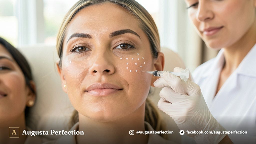 Profissional de estética segurando seringa com ácido hialurônico em ambiente clínico seguro e higienizado.