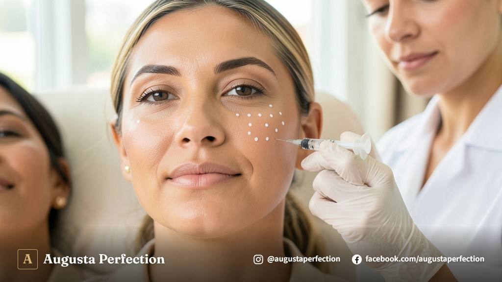 Profissional de estética segurando seringa com ácido hialurônico em ambiente clínico seguro e higienizado.