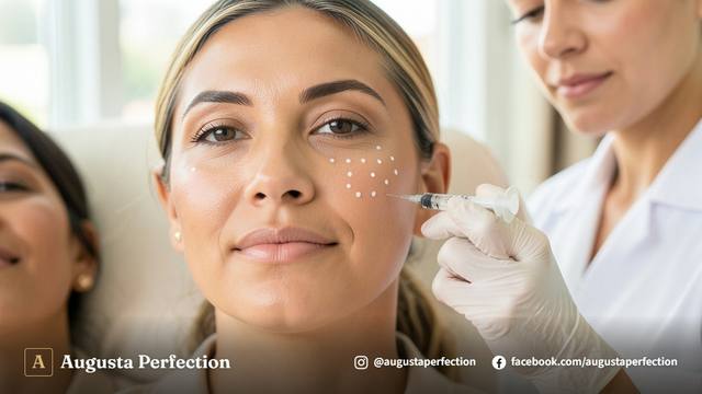 Profissional de estética segurando seringa com ácido hialurônico em ambiente clínico seguro e higienizado.