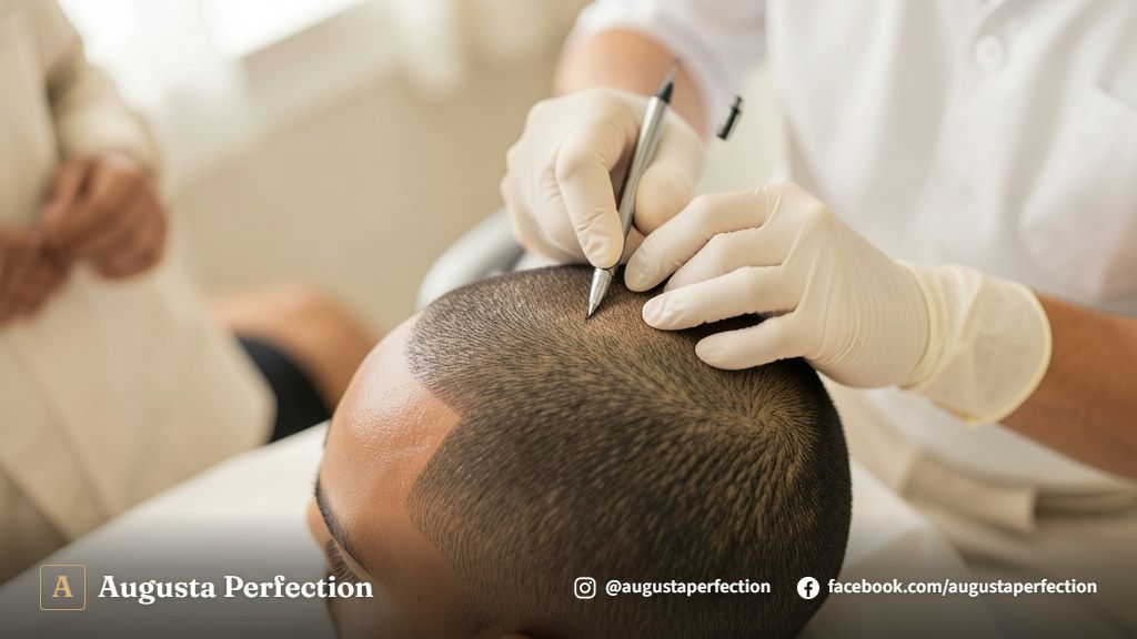 Profissional de estética realizando avaliação detalhada do couro cabeludo em consultório moderno.