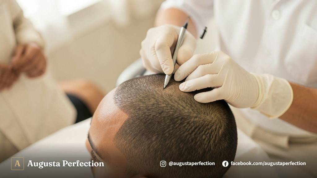 Profissional de estética realizando avaliação detalhada do couro cabeludo em consultório moderno.