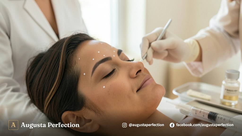 Especialista em estética realizando procedimento de radiofrequência facial em ambiente clínico sofisticado.