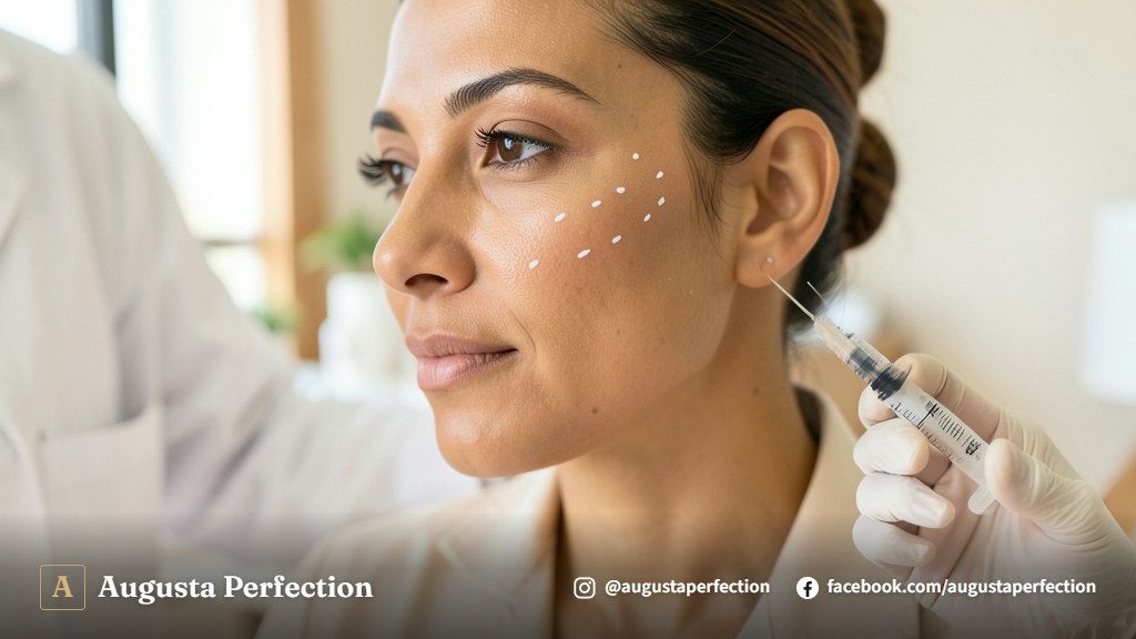 Profissional de estética segurando seringa com enzima em ambiente clínico limpo e refinado.