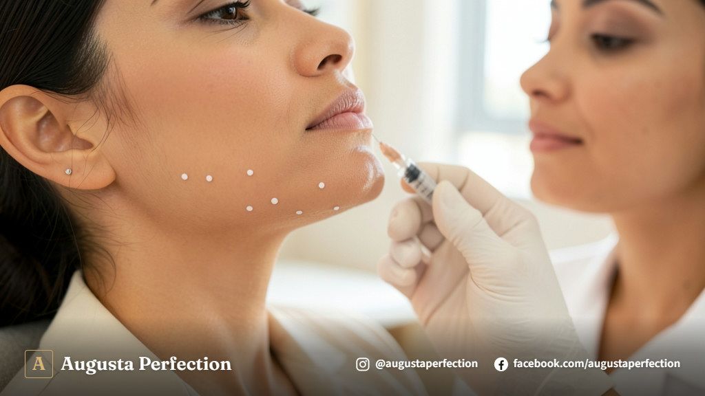 Profissional de estética segurando seringa delicada em ambiente de clínica sofisticado e iluminado.