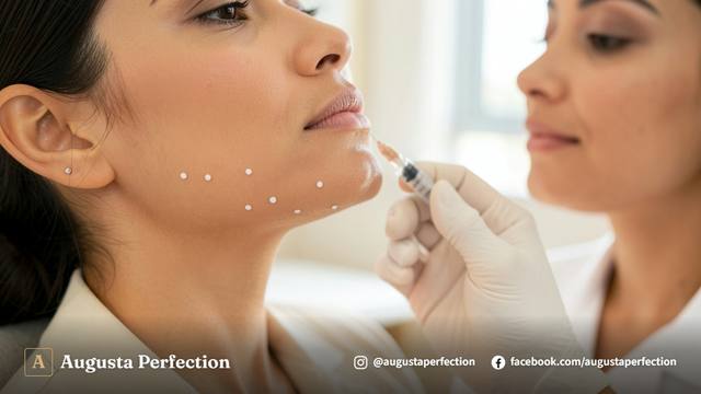 Profissional de estética segurando seringa delicada em ambiente de clínica sofisticado e iluminado.