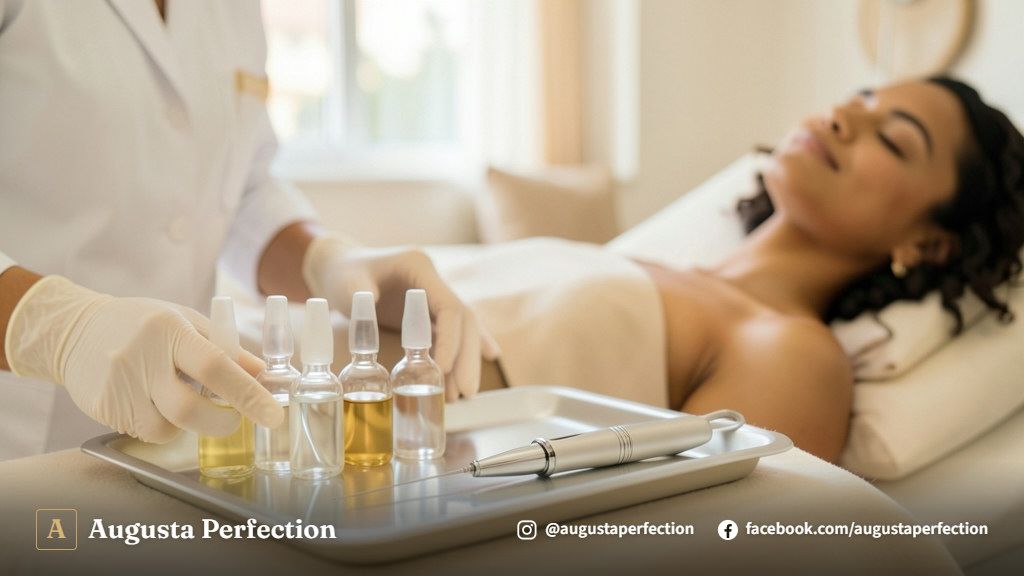 Ambiente de clínica estética focado em cuidados faciais e recuperação da pele com produtos concentrados.