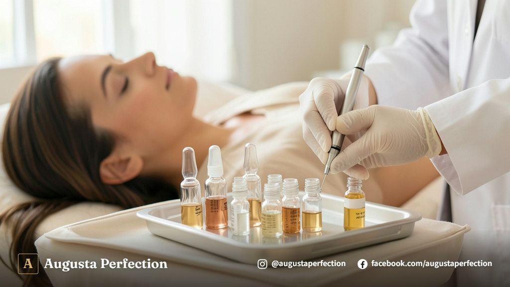 Ambiente de clínica de estética premium para tratamento de pele e cuidados pós-procedimento.