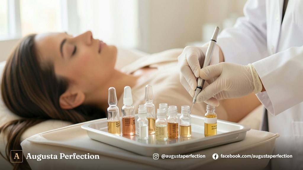 Ambiente de clínica de estética premium para tratamento de pele e cuidados pós-procedimento.