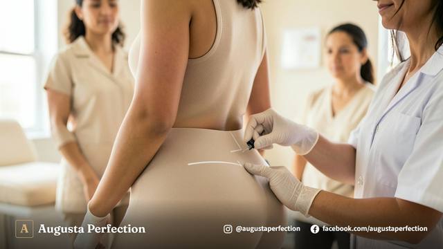 Ambiente de clínica de estética avançada com materiais estéreis para orientação de pós-procedimento corporal.