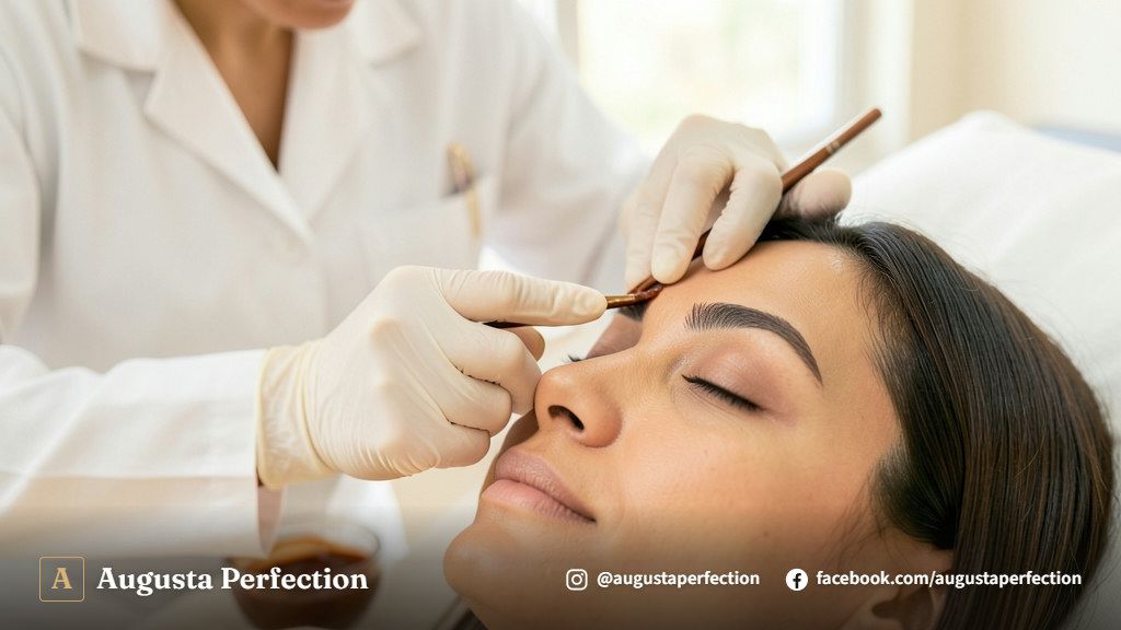 Aplicação precisa de design com henna em ambiente de clínica estética em Campinas.