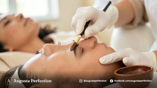 Especialista em estética preparando pigmento para design com henna em ambiente clínico limpo e seguro.
