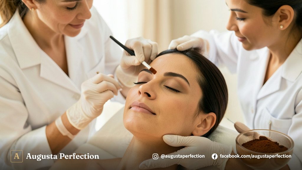 Profissional de estética com luvas organizando instrumentos e insumos para design de sobrancelhas em clínica elegante.