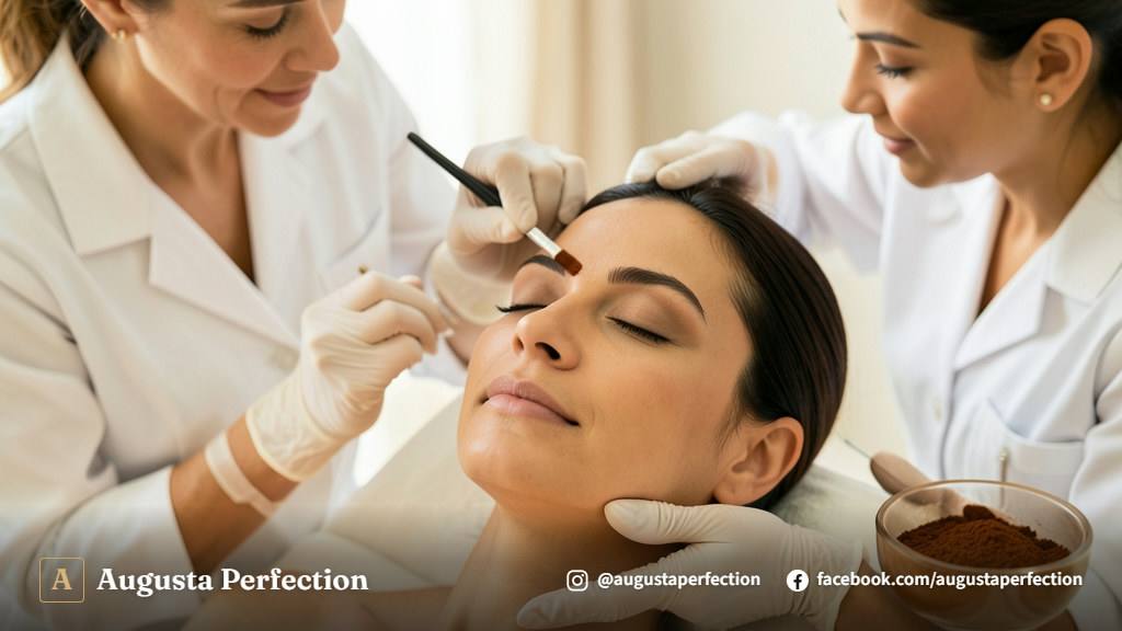 Profissional de estética com luvas organizando instrumentos e insumos para design de sobrancelhas em clínica elegante.