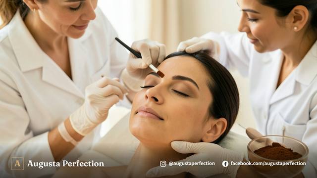 Profissional de estética com luvas organizando instrumentos e insumos para design de sobrancelhas em clínica elegante.