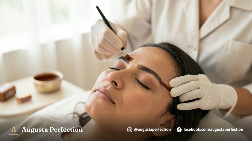 Profissional de estética preparando instrumentos higienizados para procedimento de design de sobrancelhas em clínica.