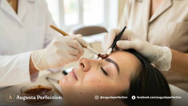 Profissional de estética realizando design de sobrancelhas com instrumentos de precisão em ambiente higienizado.