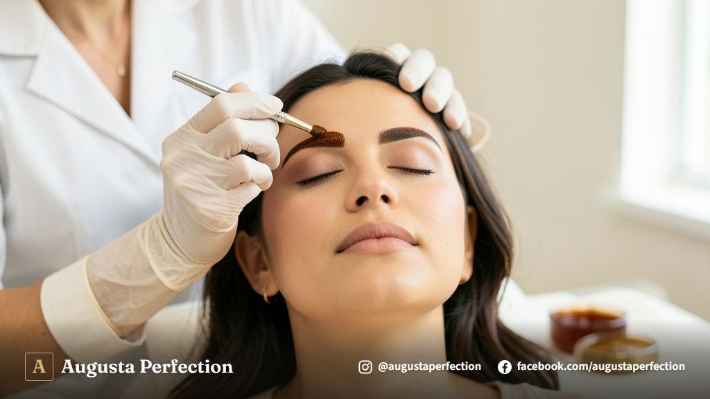 Design de sobrancelhas com henna sendo realizado com paquímetro para mapeamento facial em clínica estética.