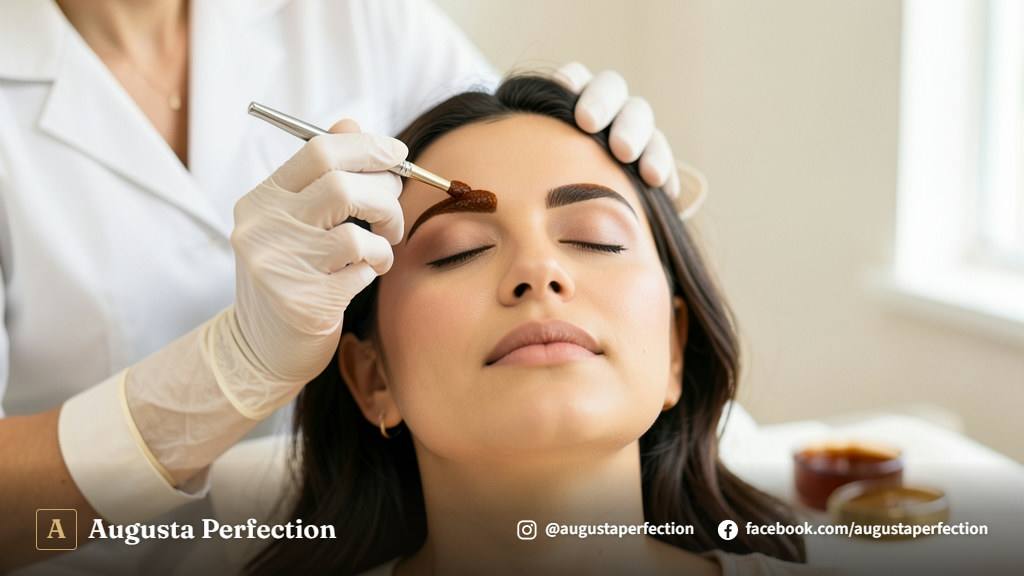 Design de sobrancelhas com henna sendo realizado com paquímetro para mapeamento facial em clínica estética.