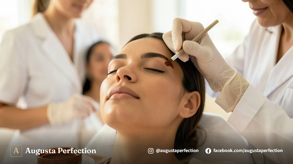 Esteticista realizando procedimento de design com henna em cliente em ambiente clínico.