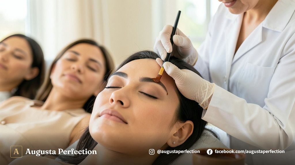 Profissional realizando design com henna em cliente de pele negra em ambiente de clínica sofisticado.