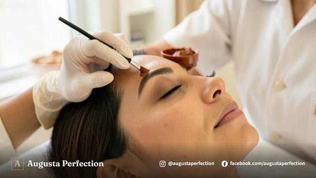 Mãos de especialista em estética preparando instrumentos e pigmento natural para design com henna em clínica elegante.