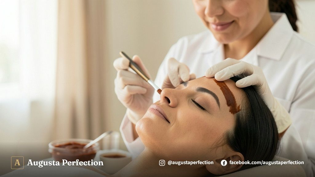 Profissional de estética preparando pigmento seguro para design de sobrancelhas em ambiente de clínica organizada.