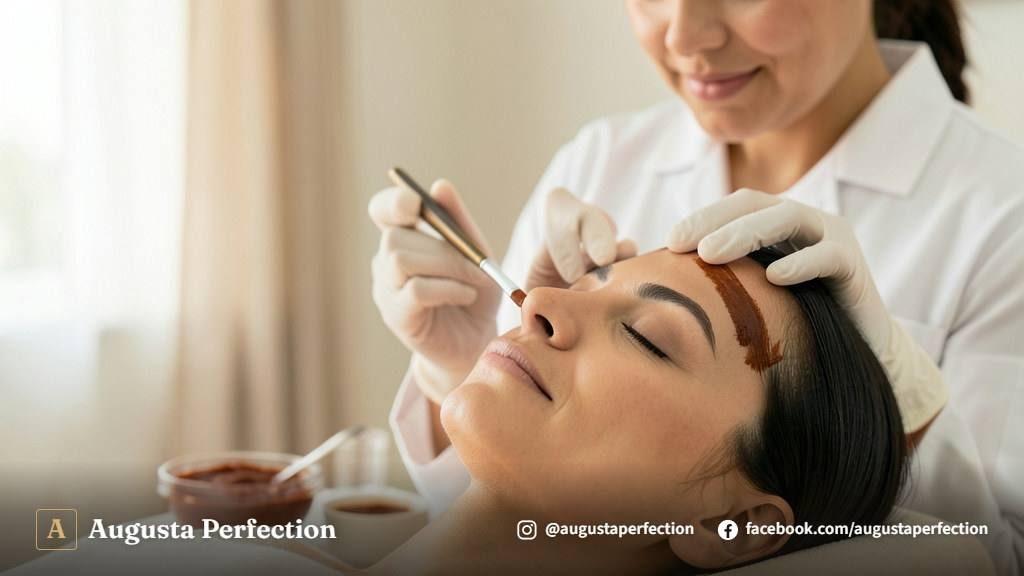 Profissional de estética preparando pigmento seguro para design de sobrancelhas em ambiente de clínica organizada.