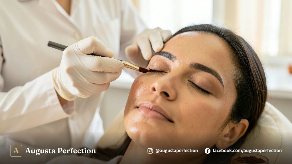 Mãos de profissional com luvas preparando henna para design de sobrancelhas em ambiente de clínica estética.