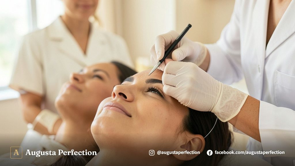 Atendimento profissional de design de sobrancelhas em ambiente de clínica estética premium.