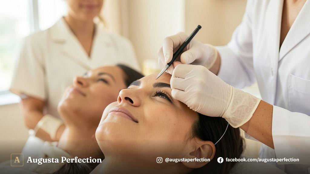 Atendimento profissional de design de sobrancelhas em ambiente de clínica estética premium.