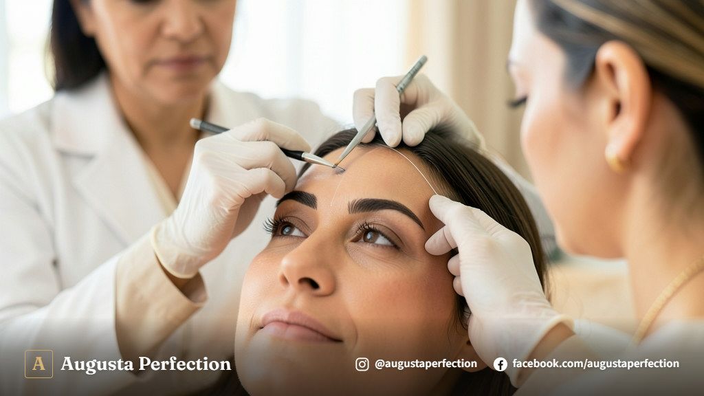 Profissional realizando higienização e cuidado nas sobrancelhas em clínica estética elegante