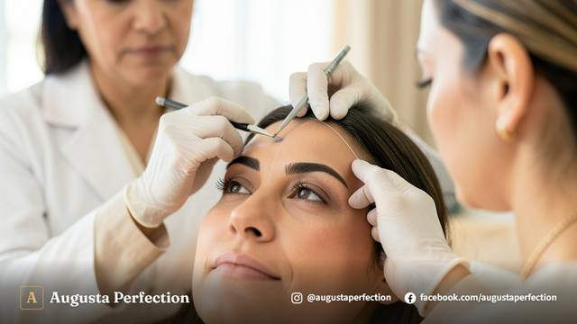 Profissional realizando higienização e cuidado nas sobrancelhas em clínica estética elegante