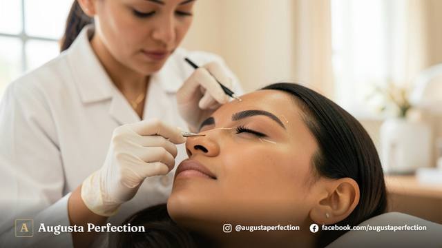 Especialista em estética realizando avaliação facial minuciosa para design de sobrancelhas seguro em ambiente clínico.