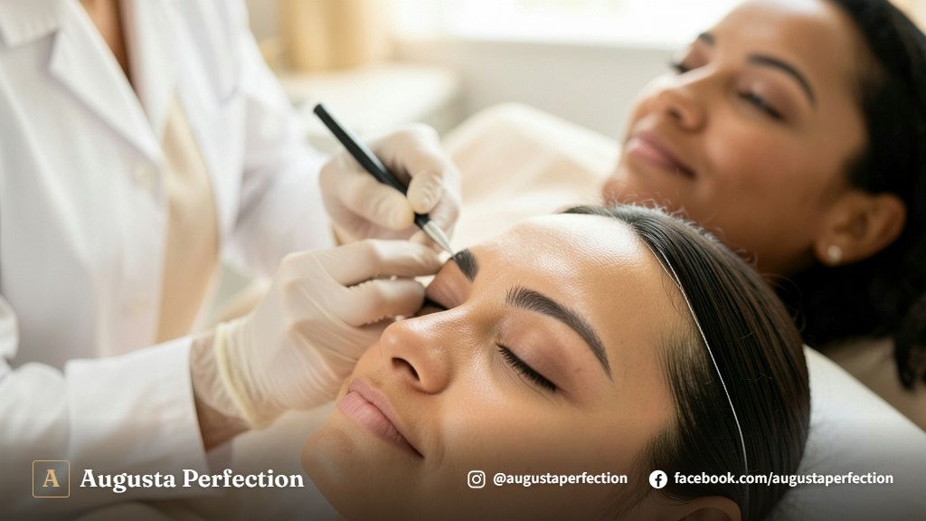Instrumentos esterilizados e dermocosméticos em ambiente clínico para cuidados no design de sobrancelhas.
