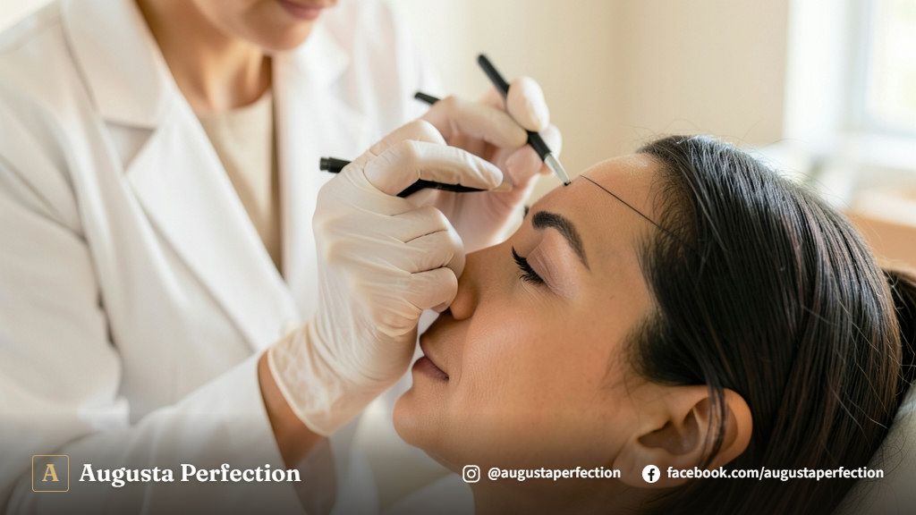 Instrumentos de visagismo e design de sobrancelhas dispostos em uma clínica estética de alto padrão em Campinas.