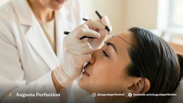 Instrumentos de visagismo e design de sobrancelhas dispostos em uma clínica estética de alto padrão em Campinas.