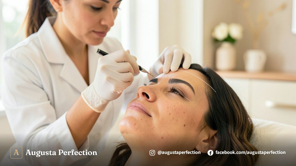 Profissional realizando o mapeamento facial com paquímetro para design de sobrancelhas em clínica de estética.