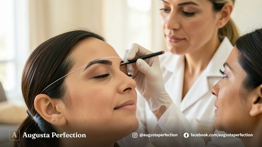 Especialista realizando medição visagista para design de sobrancelhas em clínica de estética em Jundiaí.
