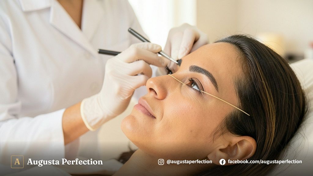 Especialista em estética realizando medição e mapeamento de sobrancelhas com paquímetro em ambiente clínico elegante.