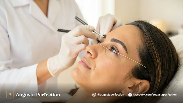 Especialista em estética realizando medição e mapeamento de sobrancelhas com paquímetro em ambiente clínico elegante.