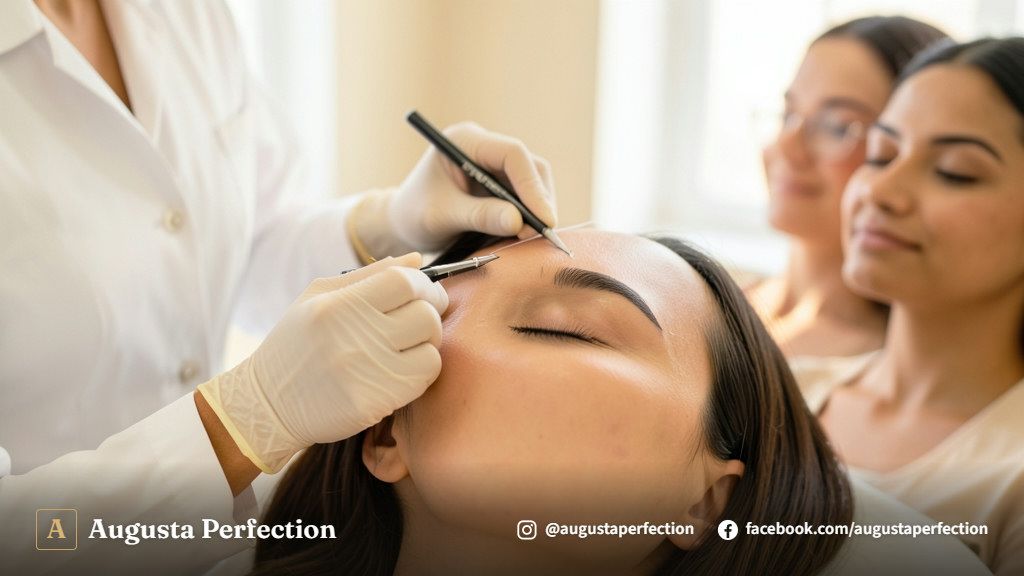 Profissional de estética avançada realizando o mapeamento facial para design de sobrancelhas em ambiente elegante.