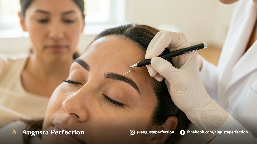 Profissional de estética realizando avaliação minuciosa das sobrancelhas em ambiente clínico.
