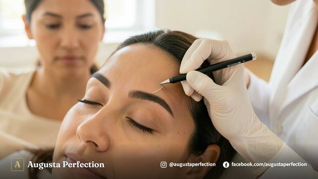 Profissional de estética realizando avaliação minuciosa das sobrancelhas em ambiente clínico.